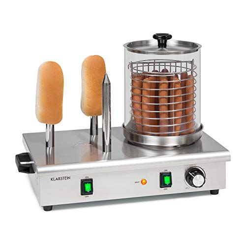 Klarstein Wurstfabrik Pro 600 Hot Dog Maker, 600 Watt, 3 Heizspieße, Temperaturregler 30-100 °C, Glaszylinder: Ø 20 cm, Edelstahlkäfig: Ø 17 cm, Edelstahlgehäuse, Profi Würstchenkocher, silber