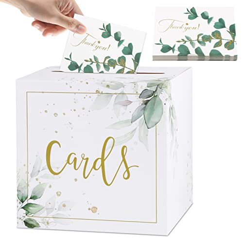 BOFUNX Hochzeit Kartenbox mit 30 Stücke Thankyou Grußkarten Hochzeitsdeko Hochzeitsbox Geschenkkarten Partydeko Geschenkkartenbox Geld Box Briefbox Postbox weiß