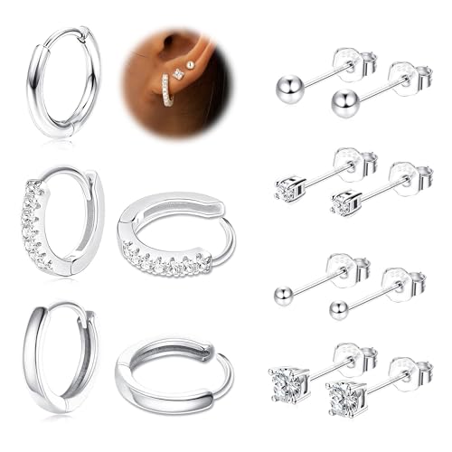 LOLIAS 7 Paar Ohrringe Silber 925, Ohrstecker Silber 925 für Damen und Mädchen Hypoallergene Huggie Ohrringe und Ohrringe Set Kleine Schlaf-Ohrstecker für Mehrere Piercings