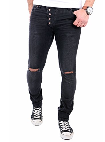 Reslad Jeans-Herren Knie Zerrissen Slim Fit Denim Destroyed Jeans-Hose RS-2067 Schwarz W30 / L32