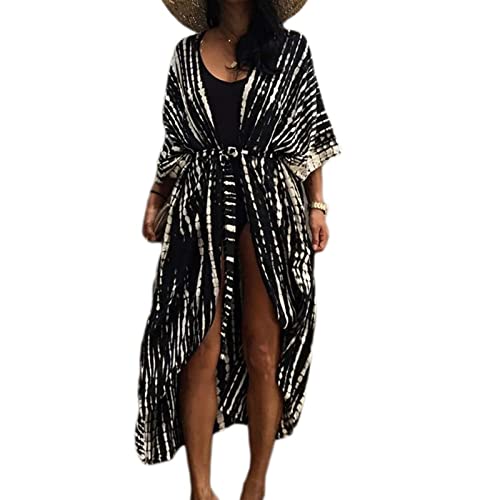 Long Beach Kleid für Frauen, Damen Lose Sommer Pareos, Maxi Strandkleid Boho Kimono Lang Strand Cardigan Beachwear, Front Offen Blumen Bluse Bikini Cover-Up Einheitsgröße (Schwarz)