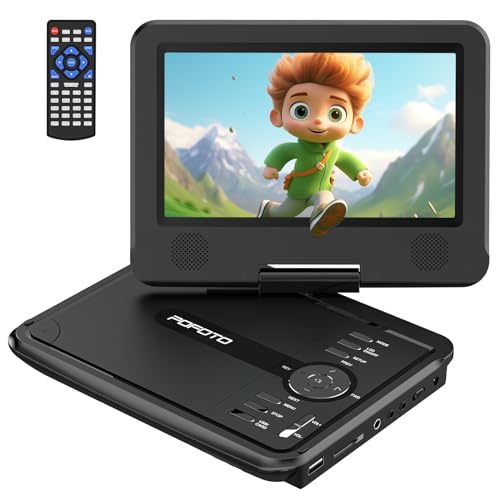 POFOTO 9,5" Tragbarer DVD Player mit 7,5" HD-Schwenkbaren Bildschirm, 4-6 Stunden Wiederaufladbare Batterie, DVD Player Auto mit Dual-Lautsprechern, Autoladegerät, Netzteil, Sync TV/USB/SD-Karte