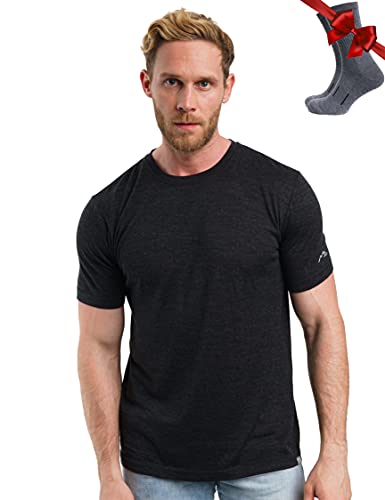 Premium Merino Shirt Herren Kurzarm - Atmungsaktiv 100% Merinowolle Tshirt Herren + Wanderwollsocken (Charcoal Grey, XX-Large)