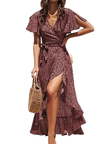 CUPSHE Damen Sommerkleid V Ausschnitt Kurzarm High Low Wickelkleid Rüschensaum Lange Freizeitkleider Strand Maxi Dress Rot S