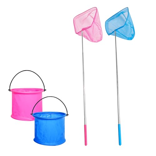 4 Teleskop Kescher Kinder Schmetterlingsnetz mit Faltbarer Eimer, Fischernetz Kinder Krabbenkescher Kinder Krabbenkescher Kinder Teich tauchen Kit(Blau, Rosa)