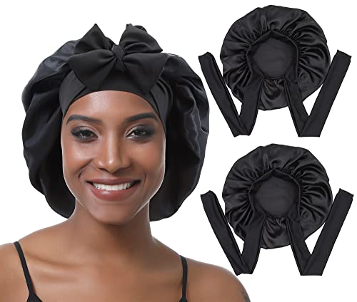 EBONNT 2 Stück Satin Bonnet Schlafhaube Verstellbare Silk Bonnet Seidenhaube Seide Locken Atmungsaktive Seide Schlafmütze Schlafen Weiche Satin Haube für Damen Mädchen