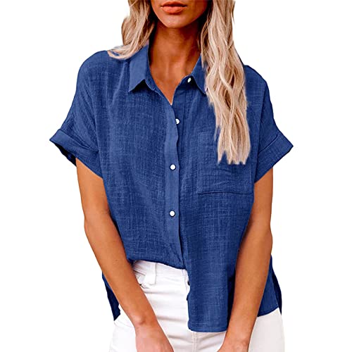 Sommer Damen Leinen Bluse Tunika Einfarbig Leinenhemd Einreihiges Hemd Langarm Revers Hemdbluse Sommer Shirt Arbeits Tops T-Shirts & Blusen Für Frauen Hemdbluse Damen Lang Große Größen