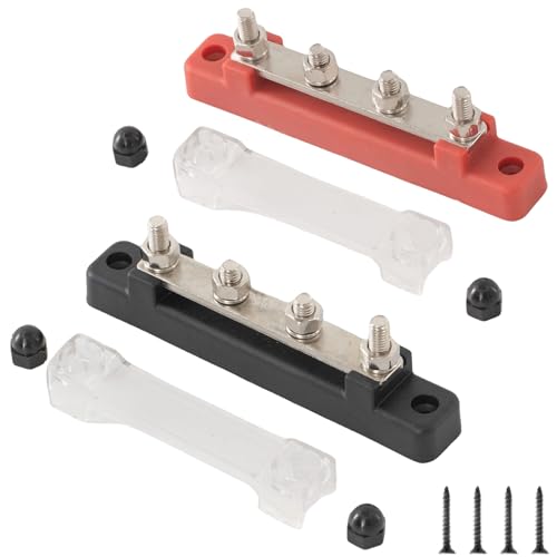 2 Stück Sammelschiene 12V-48V, DC Sammelschienen Verteilerblock Busbar 150A Stromverteilungsblock mit 4 x M6 Anschlussbolzen für Auto RV Boot (Rot, Schwarz)