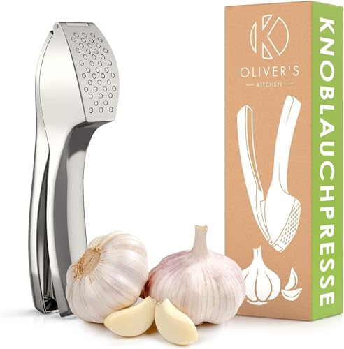 Oliver's Kitchen ® Premium Knoblauchpresse - Handlich & Leicht zu Reinigen - Zerkleinert Knoblauch & Ingwer Mühelos (Kein Schälen Nötig) - Extra Stark & Strapazierfähig