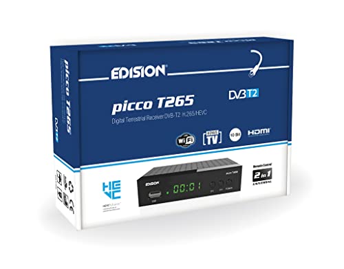 EDISION Picco T265 Full HD H.265 HEVC terrestrischer FTA Receiver T2, (1x DVB-T2, USB, HDMI, SCART, S/PDIF, IR Auge, USB Support, 2in1 Fernbedienung, Schwarz)