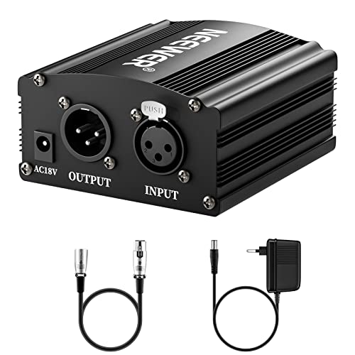 NEEWER 1 Kanal 48V Phantomspeisung mit Adapter, Bonus+XLR 3 Pin Mikrofonkabel für jedes Kondensatormikrofon Musikaufnahmegerät (8 Fuß)