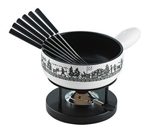 KUHN RIKON Käsefondue Set Alpenweide, 23 am, aus Ton, Induktionstauglich, inkl. Rechaud, Pastenbrenner und Gabeln, Weiss