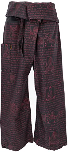 GURU SHOP Thai Fischerhose mit Mantra Druck aus Gewebter Baumwolle, Wickelhose, Yogahose, Herren/Damen, Schwarz, Size:One Size