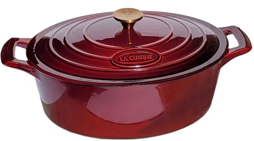 La Cuisine ovale Auflaufform aus emailliertem Gusseisen, Dutch Oven mit Deckel, 6,5 L. 33 cm, mattschwarze Innenseite, vergoldeter SS-Deckelgriff, ofenfest, Cranberry