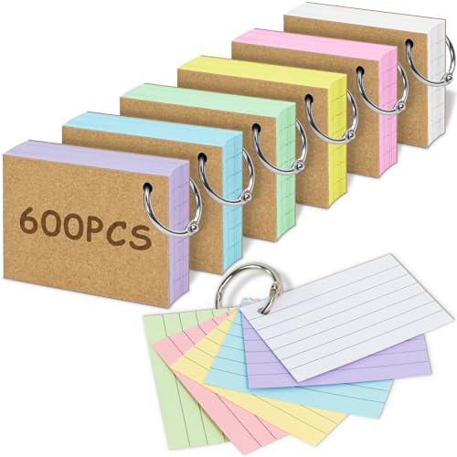 600PCS Linierte Karteikarten, A8 Lernkarten mit Ring in der praktischen Lernbox, vokabelkasten Karteikarte für Englisch Vokabeln, Formeln und Notizen