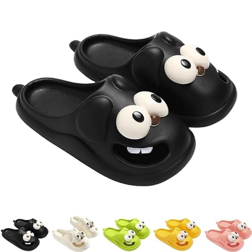 XKrmp Big Eye Dog Slipper, Tongue Kiss Slippers, Funny Slides, Cute Funny 3D Big Eye Dog Fun Cartoon Package Head Eva Slippers (Black,8-9)