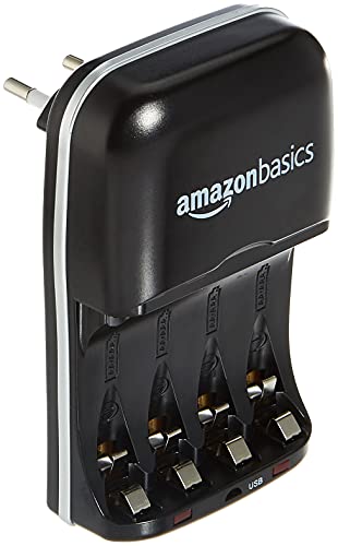 Amazon Basics Batterieladegerät für Ni-MH AA / AAA Akkus und USB Geräte, Schwarz