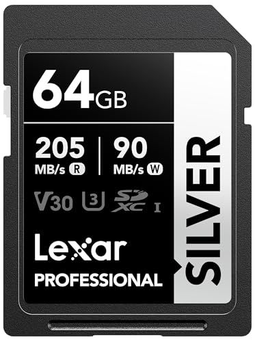 Lexar Silver SD Karte 64GB, UHS-I SDXC Card 205 MB/s Read Speed, 90 MB/s Write Speed, V30, U3, C10, 4K UHD Video, SD Card Memory Card with Lexar Lifetime Data Recovery