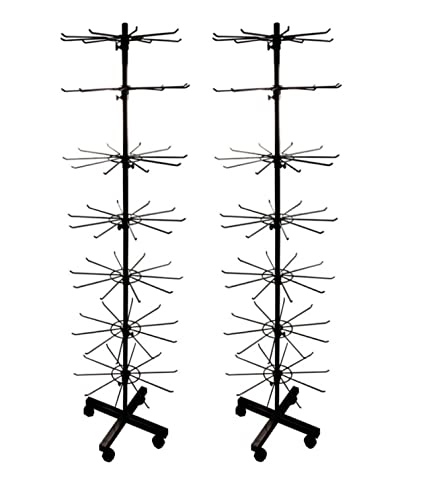 2er Set - Verkaufsständer drehbar Höhe 155cm | rollbares Warenständer 7 Etagen | Drehständer mit 70x Haken aus Metall | Ständer Ladenausstattung Theke | Ladeneinrichtung Kleinartikelständer schwarz