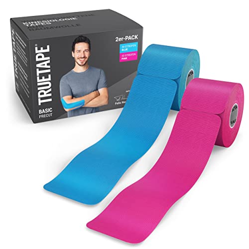 TRUETAPE Basic - Kinesiotapes vorgeschnitten | Duopack | hautfreundlich mit perfektem Tragekomfort | 2x 20 Precut-Streifen á 25cm x 5cm | wasserfestes & elastisches Kinesiologie Tape | Pink & Blau