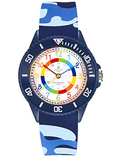 Alienwork Kids Lernuhr Kinderuhr Jungen Mädchen Marineblau Silikon-Armband Camouflage Mehrfarbig Kinder-Uhr Wasserdicht 5 ATM Zeit Lernen