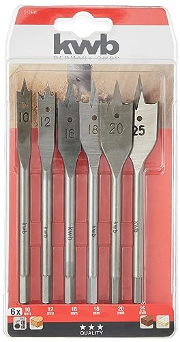 kwb Flachfräs-Bohrer Set, 6-teiliger Flach-Bohrer Satz für Holz 10 -25 mm, zubehör Schlagbormaschine