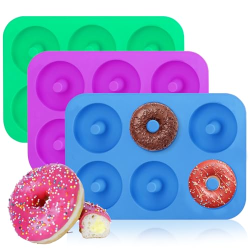 3 Stück Donuts Backform, Silikon Donut Formen, Donut Backform mit 6 Fächern, Antihaft Donut Backblech, Backform Langlebig, Silikon Donutformen für Bagels, Kekse,Schokolade,Muffins(Grün,Lila und Blau)