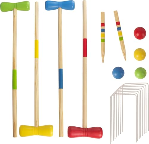 WOODENFUN Holz Krocket Set Spiel Crocket für 4 Spieler Kinder Erwachsene Außenbereich Krocketspiel Spielspaß für Jungen Mädchen ab 3 Jahren