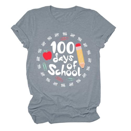 Tunika Damen Kurzarm Lässig 100 Tage der Schule Shirt Frauen Lehrer Shirts 100. Tag der Schule T Shirt Kausal inspirierende Tops T-Shirt Damen Bedruckt (Grey, XL)