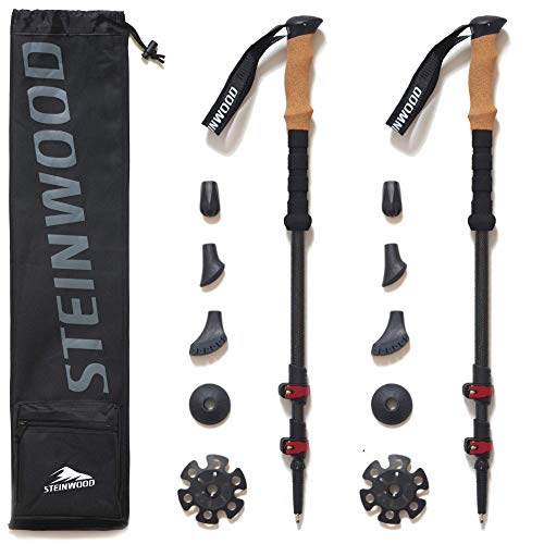 Steinwood Premium Carbon Wanderstöcke Teleskop - Trekkingstöcke Damen & Herren - Wanderstock Carbon Ultraleicht mit Kork-Griff und Gummipuffer Set