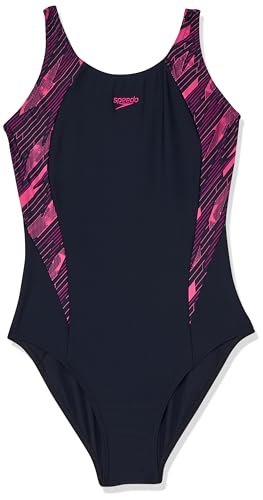 Speedo HyperBoom Splice Muscleback Badeanzug Schwimmtraining Chlorbeständig für Mädchen, Echtes Marineblau/Elektrisches Pink/Fandango Pink, 11-12 Jahre