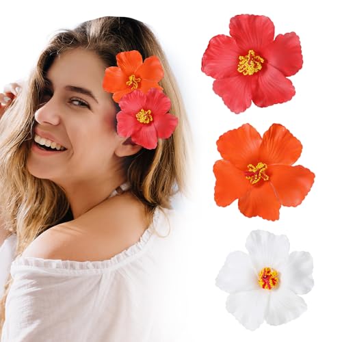 Andibro 3 Stück Hawaii Haarspange Blume,10cm Haarklammer Plumeria Hibiskus Blumenspange Boho Sommer Hochzeit Haarklammern für Fraue Hochzeit Party Urlaub Strand Zubehör