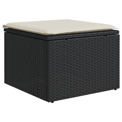 Makastle Gartenhocker, Poly Rattan Fußhocker mit Kissen, Fußauflage, Balkon Sitzhocker, Rattanhocker für Garten Terrasse, Schwarz 55x55x37 cm