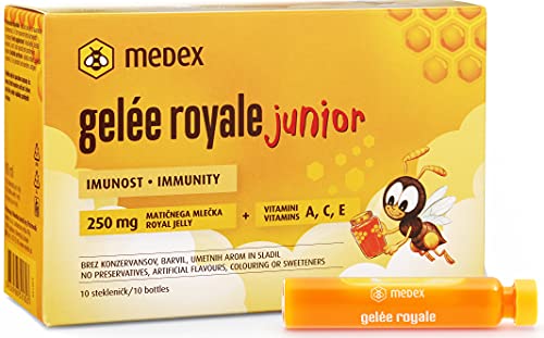 Medex Gelée Royale JUNIOR, frisches Gelée Royale 250 mg, mit natürlichen Vitaminen A, C, E, ausgezeichneter Geschmack, ohne Süßstoffe, für Kinder ab 3+, Flüssigkeit in Ampullen 10 x 9 ml