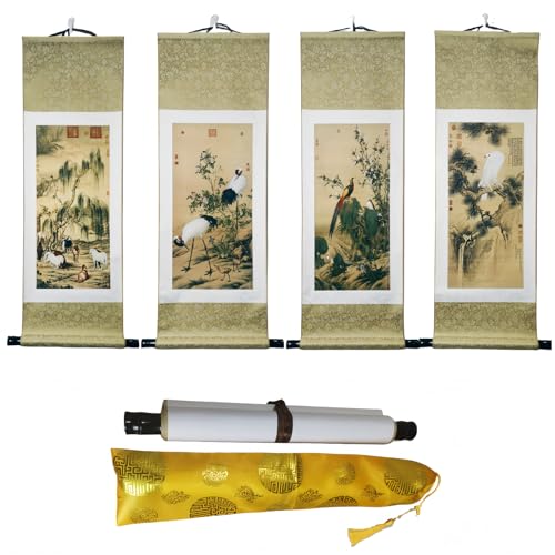 MELLAQUEST Asiatische Kunstreproduktion - Vögel und Blumen als Set von 4 orientalischen chinesischen japanischen Schriftrollen Malerei (39,5 x 93 cm x 4)