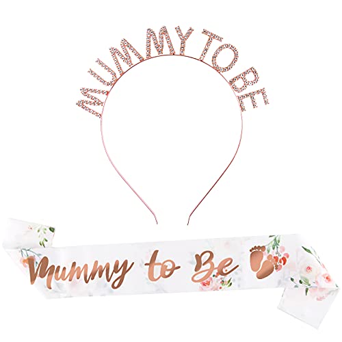 2 Stk Baby Shower Deko Set Mummy To Be Schärpe mit Haarreif Baby Shower Partydeko Babydusche Haarband Schwangerschaft Dekoration für Schwangere Werdende Mutter Geschenk Babyparty Deko (rosegold)