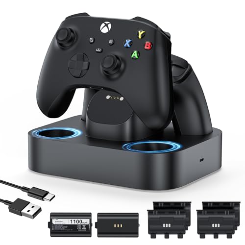 NEWDERY Controller-Ladestation für Xbox, 2 x 1100 mAh wiederaufladbare Akkus für Xbox One/Series X|S Controller, Schnellladestation mit 4 Akku-Abdeckungen