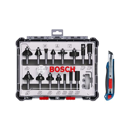 Bosch Professional 15tlg. Fräser Set mit Cuttermesser (für Holz, Ø 8 mm Schaft, Zubehör Oberfräse)