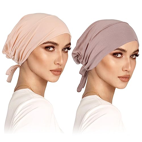 2er Pack Turban Damen Frauen Undercap Hijab Cap Unterschal Hijab Klassische Slouch Beanie Mütze Islamische Muslimische mit Tie Back Solid Color Hijab Mütze Kopfbedeckung chemo kopfbedeckung damen