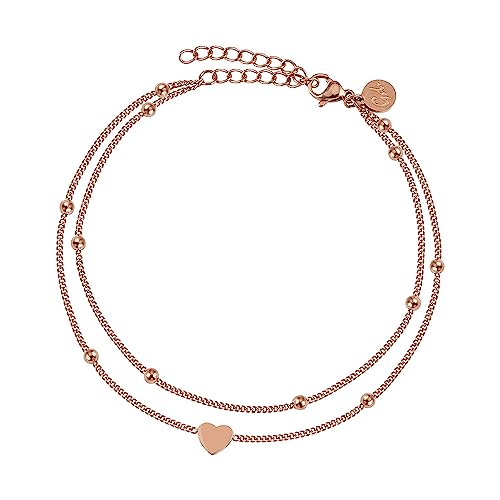 GD GOOD.designs Fußkettchen Herz Roségold für Damen - Wasserfest I Mehrreihige Fußkette - Verstellbar I Filigraner Edelstahl Fußschmuck mit 18K Vergoldung