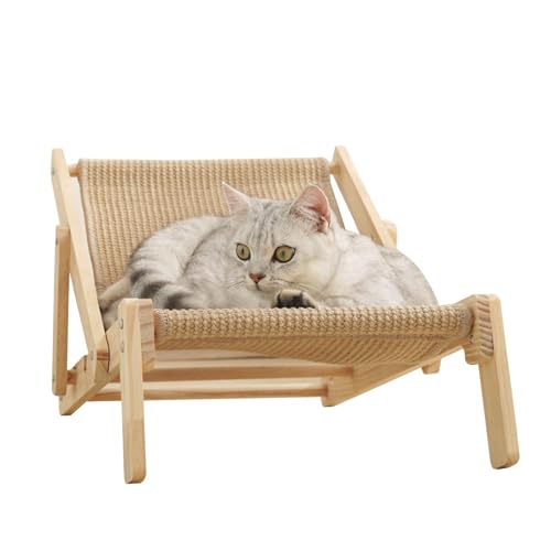 Katzen-Sisal-Stuhl, verstellbares, erhöhtes Katzenstuhl-Bett aus massivem Holz, langlebiges, faltbares Katzen-Kratzbett für den Innenbereich, Katzen-Hängemattenbett, Kätzchen-Lounge-Möbel für ruhiges