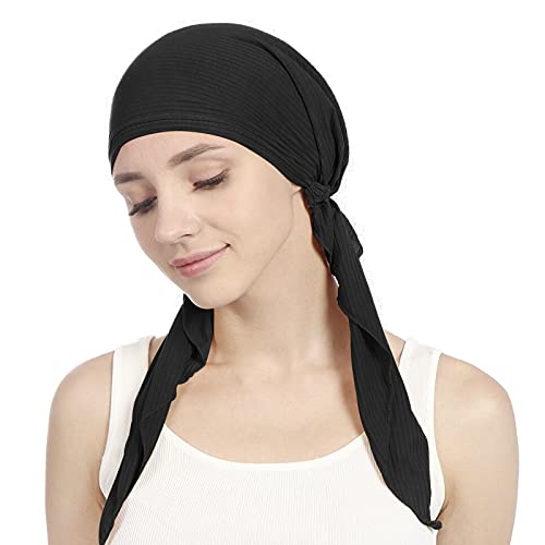 Damen Turban Kappen Hijab Kopftuch Kopfbedeckung Haartuch Frauen, Islamische Kopfbedeckung Halstuch Beanie Cap Knot Mode Plissee Boho Turban Hut Mütze Kopfwickel Schlafmütze für Frauen (Schwarz)