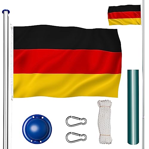 tectake Fahnenmast aus Aluminium, Teleskop Fahnenstange Set mit Flagge, Bodenhülsen, Seilzug, höhenverstellbar bis zu 6,50 m - ideal für Balkon, Garten, Festival und Camping - Deutschland