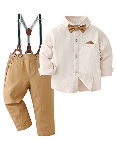 Amissz Baby Jungen Gentleman Set, Kinder Festliche Kleidung Taufkleidung Anzug Langärmeliges Shirt & Hosen Outfit Aprikose, 6-7 Jahre