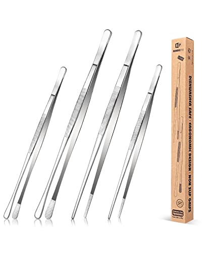 4 Stück feine Pinzettenzangen, 12'' und 10'' Edelstahl Pinzetten Set, Professionelle Silberne Küchenpinzette zum Kochen, Reparieren, Meeresfrüchte und Grillen