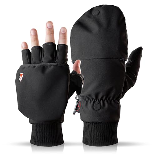 Heat 2 Fingerlose Handschuhe und Fäustlinge Kombination, warme Winterhandschuhe gegen den Wind und Kälte im Winter – Sporthandschuhe, Fahrradhandschuhe Damen, Herren, schwarz, Small