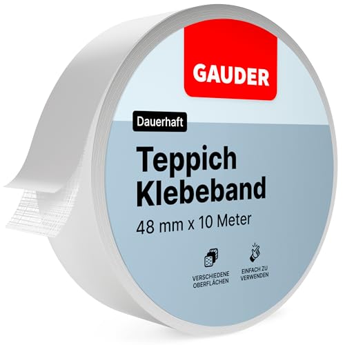 GAUDER Teppichklebeband (10 m) | Klebeband für Bodenbeläge, Treppenstufen und mehr | Teppichband doppelseitig für Renovierungsarbeiten