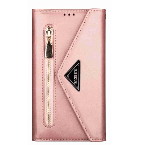 Beddouuk Hülle für iPhone 14 Pro,Reißverschluss Kartenfach PU Leder Flip Wallet Klapphülle Tasche Handyhülle Schutzhülle für iPhone 14 Pro,Roségold