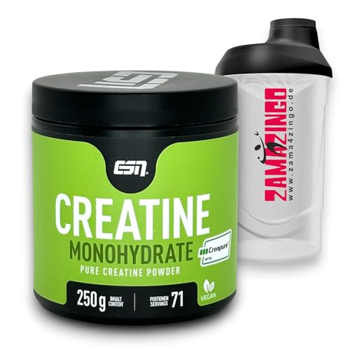 ESN Creapure Creatine Monohydrate | VEGAN | Powder 71 Portionen 250g | Veganes Nahrungsergänzungsmittel mit reinem Kreatin + Gratis Zama4Zingo Shaker 600ml