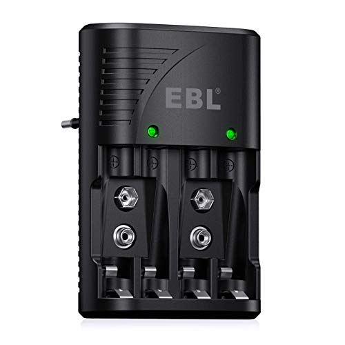 EBL Akku Ladegerät für AA AAA 9V NIMH NICD Akkus, 4-Ladefach Smart Plug Batterieladegerät, Multi-Schutz, LED-Anzeige, Schnellladegerät für AA AAA 9V